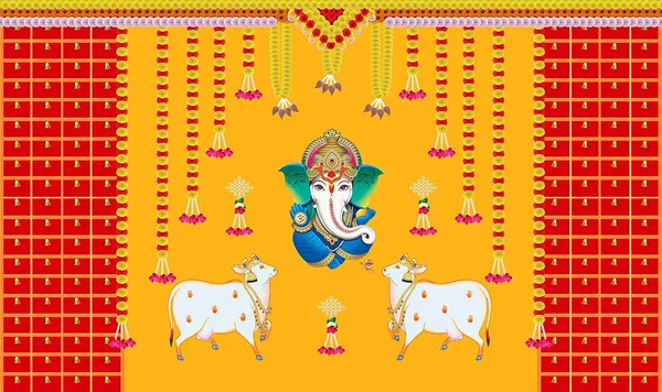 Multicolour_Polyester_Marigold_Flower_Cows_Ganesh_Backdrop_Cloth_For_Festival_/_Pooja_|_5*8