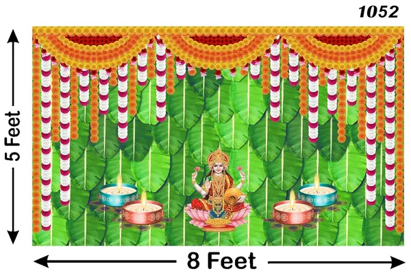 Multicolour_Polyester_Banana_Leaf_Flower_Goddess_Laxmi_Mata_Backdrop_Cloth_For_Festival_/_Pooja_|_5*8