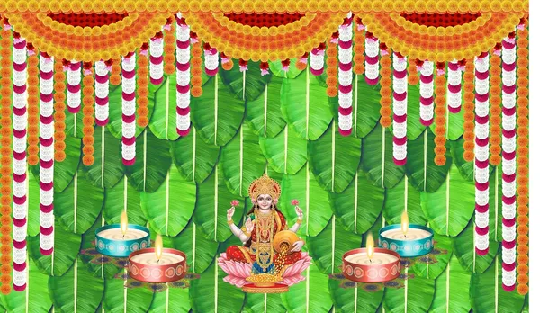 Multicolour_Polyester_Banana_Leaf_Flower_Goddess_Laxmi_Mata_Backdrop_Cloth_For_Festival_/_Pooja_|_5*8