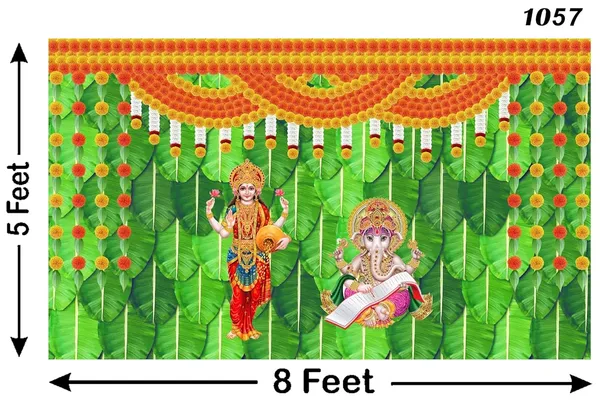 Multicolour_Polyester_Banana_Leaf_Flower_Goddess_Laxmi_Mata_Backdrop_Cloth_For_Festival_/_Pooja_|_5*8