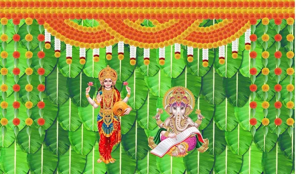 Multicolour_Polyester_Banana_Leaf_Flower_Goddess_Laxmi_Mata_Backdrop_Cloth_For_Festival_/_Pooja_|_5*8
