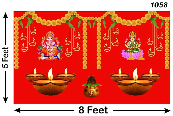 Multicolour_Polyester_Ganeshji_Goddess_Laxmi_Mata_Diya_Lamp_Backdrop_Cloth_For_Festival_/_Pooja_|_5*8