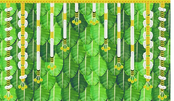 White_Polyester_Marigold_Hanging_Flower_Banana_Leaf_Backdrop_Cloth_For_Festival_/_Pooja_|_5*8