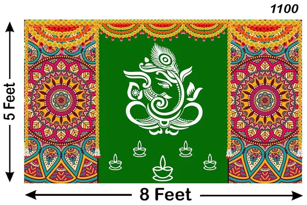 Multicolour_Polyester_Rangoli_Marigold_Flower_Ganeshji_Diya_Backdrop_Cloth_For_Festival_/_Pooja_|_5*8