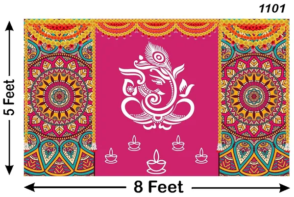 Multicolour_Polyester_Rangoli_Marigold_Flower_Ganeshji_Diya_Backdrop_Cloth_For_Festival_/_Pooja_|_5*8