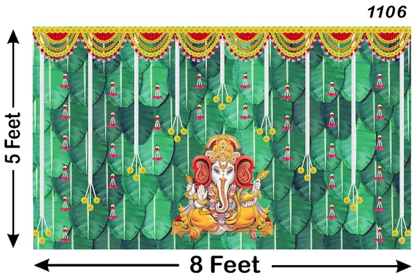 Multicolour_Polyester_Banana_Leaf_Marigold_Flower_Ganesh_Backdrop_Cloth_For_Festival_/_Pooja_|_5*8
