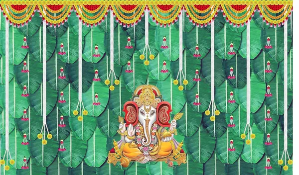 Multicolour_Polyester_Banana_Leaf_Marigold_Flower_Ganesh_Backdrop_Cloth_For_Festival_/_Pooja_|_5*8