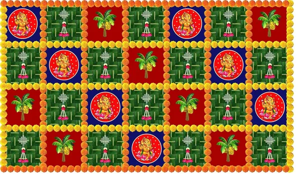 Multicolour_Polyester_Banana_Tree_Weaved_Coconut_Leaf_Ganesh_Backdrop_Cloth_For_Festival_/_Pooja_|_5*8