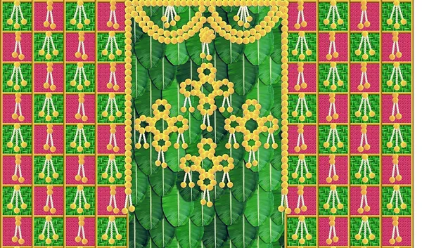 Multicolour_Polyester_Banana_Leaf_Marigold_Flower_Muggu_Backdrop_Cloth_For_Festival_/_Pooja_|_5*8