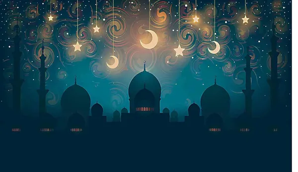Multicolour_Polyester_Islam_Mosque_Silhouette_Moon_Star_Night_Backdrop_Cloth_For_Festival_/_Pooja_|_5*8