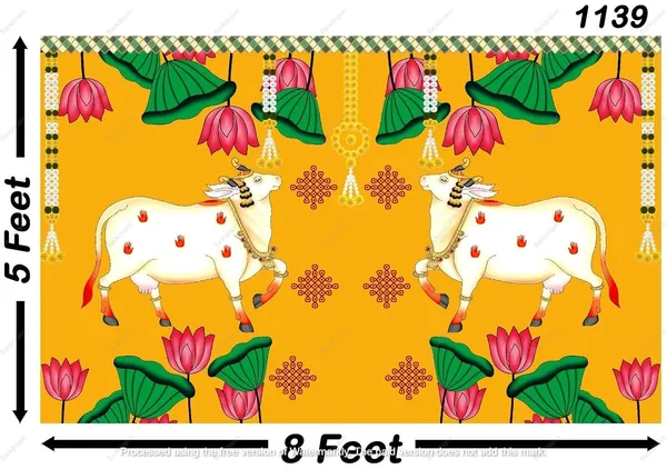 Multicolour_Polyester_Two_Cows_Lotus_Flower_Backdrop_Cloth_For_Festival_/_Pooja_|_5*8