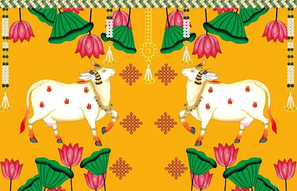 Multicolour_Polyester_Two_Cows_Lotus_Flower_Backdrop_Cloth_For_Festival_/_Pooja_|_5*8