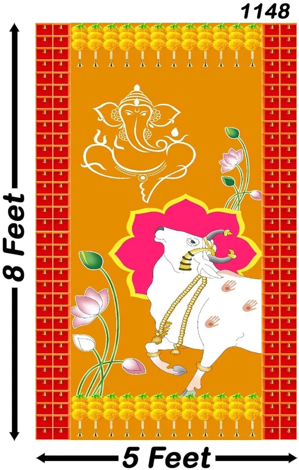 Multicolour_Polyester_Marigold_Flower_Bell_Cow_Ganeshji_Backdrop_Cloth_For_Festival_/_Pooja_|_8*5