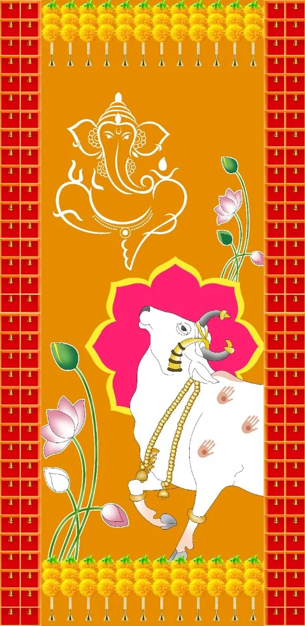 Multicolour_Polyester_Marigold_Flower_Bell_Cow_Ganeshji_Backdrop_Cloth_For_Festival_/_Pooja_|_8*5