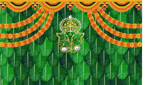 Multicolour_Polyester_Marigold_Flower_Banana_Leaf_Ganeshji_Backdrop_Cloth_For_Festival_/_Pooja_|_5*8