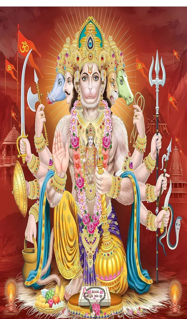 Multicolour_Polyester_Panch_Mukhi_Hanumanji_Different_Heads_Holding_Backdrop_Cloth_For_Festival_/_Pooja_|_8*5