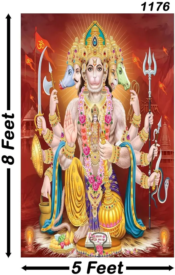 Multicolour_Polyester_Panch_Mukhi_Hanumanji_Different_Heads_Holding_Backdrop_Cloth_For_Festival_/_Pooja_|_8*5