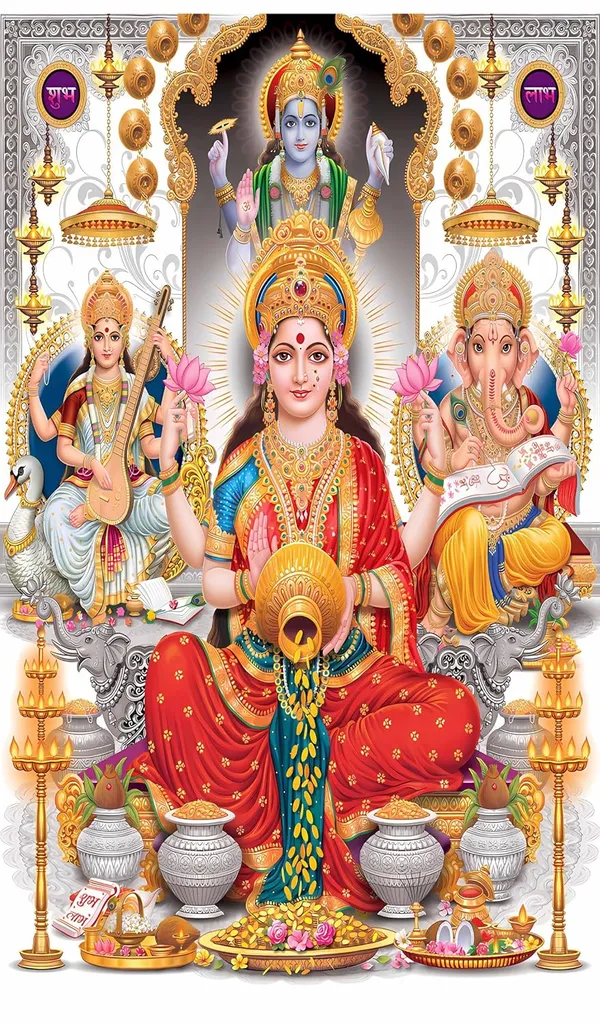 Multicolour_Polyester_Lord_Vishnu_Ganesha_Goddess_Laxmi_Sarawati_Backdrop_Cloth_For_Festival_/_Pooja_|_8*5