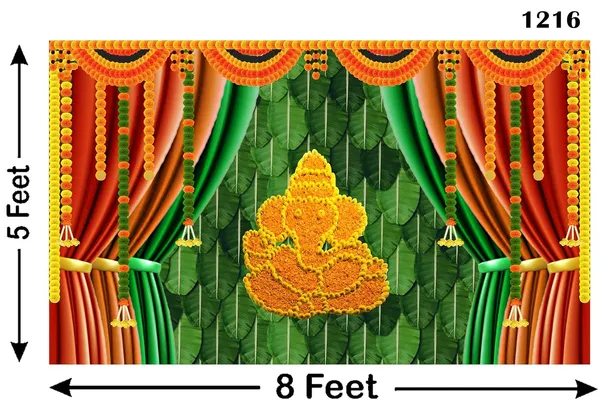 Multicolour_Polyester_Banana_Leaf_Marigold_Flower_Ganesh_Backdrop_Cloth_For_Festival_/_Pooja_|_5*8