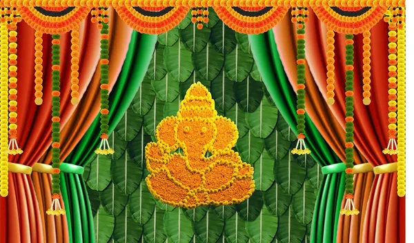 Multicolour_Polyester_Banana_Leaf_Marigold_Flower_Ganesh_Backdrop_Cloth_For_Festival_/_Pooja_|_5*8