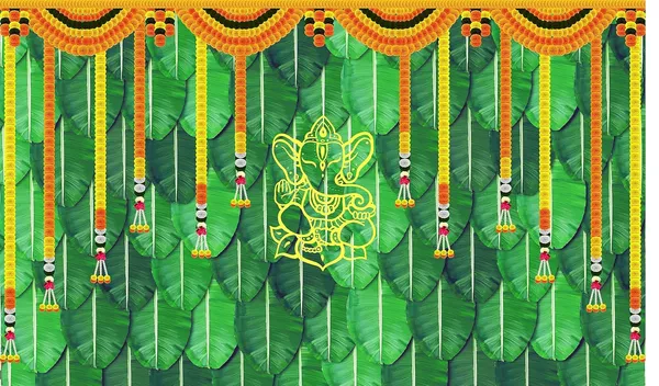 Yellow_Polyester_Banana_Leaf_Hanging_Flower_Ganeshji_Backdrop_Cloth_For_Festival_/_Pooja_|_5*8