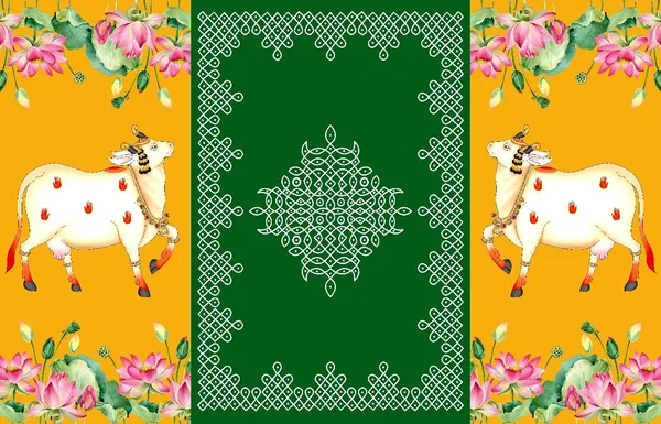 Multicolour_Polyester_Two_Cows_Kollam_Muggu_Backdrop_Cloth_For_Festival_/_Pooja_|_5*8