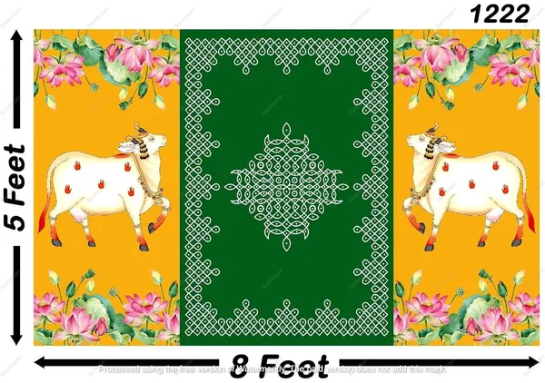 Multicolour_Polyester_Two_Cows_Kollam_Muggu_Backdrop_Cloth_For_Festival_/_Pooja_|_5*8