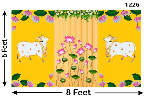 Multicolour_Polyester_Two_Cows_Lotus_Flower_Backdrop_5Feet_Cloth_For_Festival_/_Pooja_|_5*8