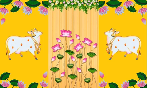 Multicolour_Polyester_Two_Cows_Lotus_Flower_Backdrop_5Feet_Cloth_For_Festival_/_Pooja_|_5*8