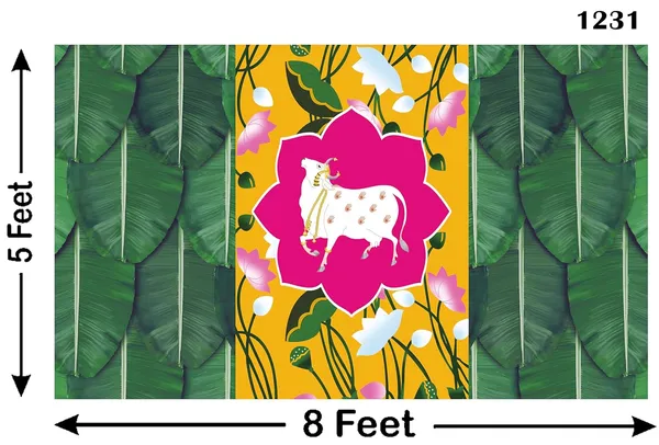 Multicolour_Polyester_Cow_Lotus_Flower_Banana_Leaf_Backdrop_Cloth_For_Festival_/_Pooja_|_5*8
