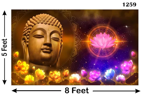 Multicolour_Polyester_Lord_Buddha_Face_Lotus_Flower_Backdrop_Cloth_For_Festival_/_Pooja_|_5*8