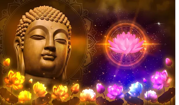 Multicolour_Polyester_Lord_Buddha_Face_Lotus_Flower_Backdrop_Cloth_For_Festival_/_Pooja_|_5*8