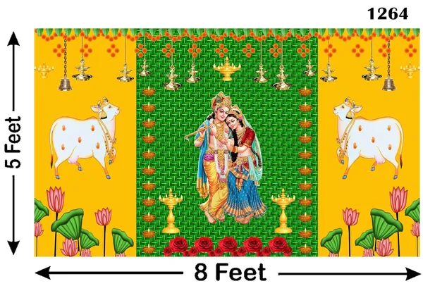 Green_Polyester_Two_Cow_Chatiya_Shree_Radha_Backdrop_Cloth_For_Festival_/_Pooja_|_5*8