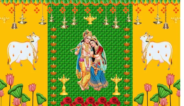 Green_Polyester_Two_Cow_Chatiya_Shree_Radha_Backdrop_Cloth_For_Festival_/_Pooja_|_5*8