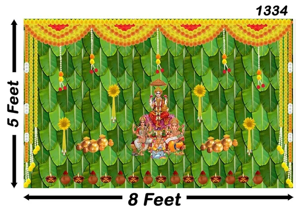 Multicolour_Polyester_Banana_Leaf_Varamahalaxmi_Mata_Backdrop_5Feet_Cloth_For_Festival_/_Pooja_|_5*8
