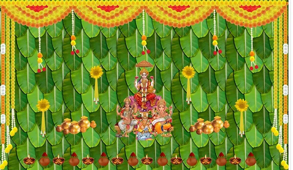 Multicolour_Polyester_Banana_Leaf_Varamahalaxmi_Mata_Backdrop_5Feet_Cloth_For_Festival_/_Pooja_|_5*8