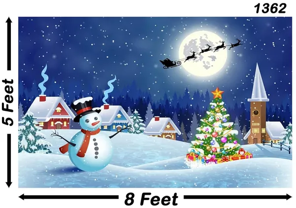 Multicolour_Polyester_Christmas_Landscape_Tree_Snowman_Giftbox_Backdrop_Cloth_For_Festival_/_Pooja_|_5*8