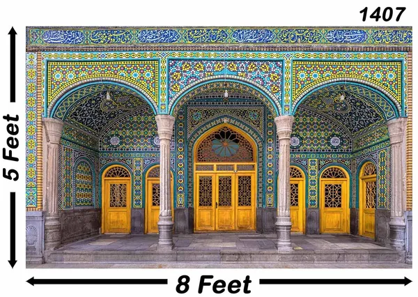 Multicolour_Polyester_Ancient_Arch_Door_Backdrop_Stone_Pillar_Cloth_For_Festival_/_Pooja_|_5*8