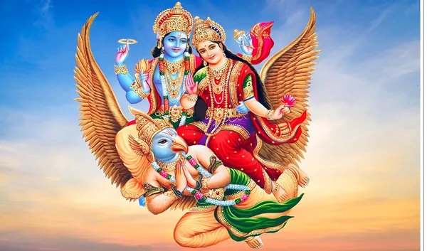 Multicolour_Polyester_Lord_Vishnu_Lakshmiji_Riding_Garudadesign_Backdrop_Cloth_For_Festival_/_Pooja_|_5*8
