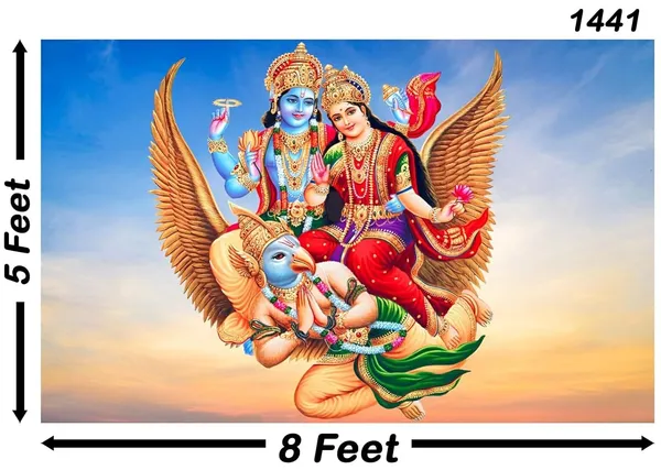Multicolour_Polyester_Lord_Vishnu_Lakshmiji_Riding_Garudadesign_Backdrop_Cloth_For_Festival_/_Pooja_|_5*8