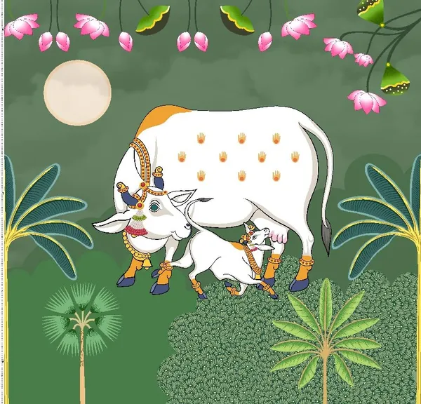 Multicolour_Polyester_Holy_Cow_Kamdhenu_Divine_Pichwai_Backdrop_Cloth_For_Festival_/_Pooja_|_8*8