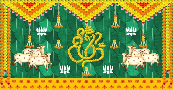 Yellow_Polyester_Banana_Leaf_Marigold_Flower_Ganesh_Backdrop_Cloth_For_Festival_/_Pooja_|_5*8