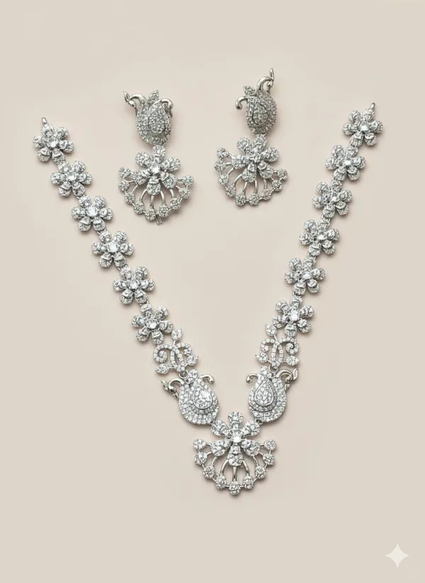 Silver_Floral_&_Paisley_V-Shape_Diamond_Brass_Necklace_Set_For_Women