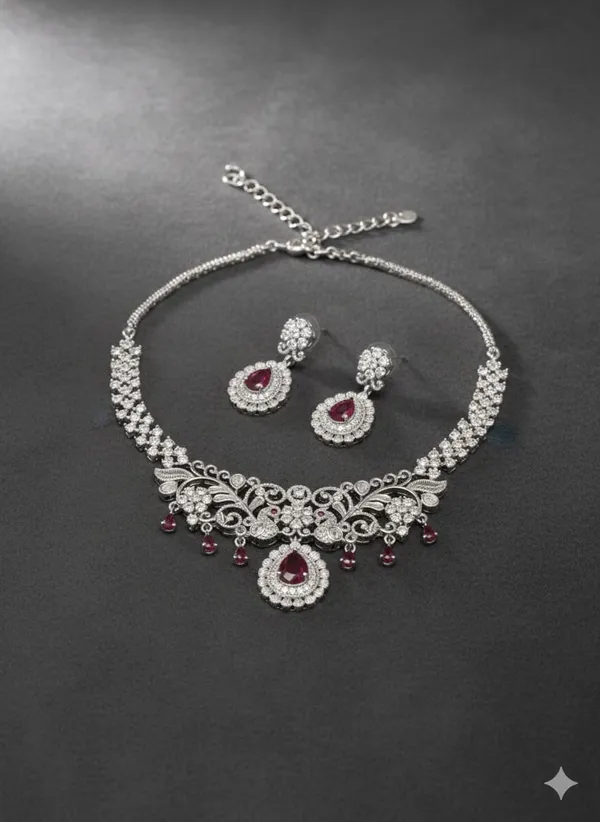 Ruby_Red_Floral_Filigree_American_Diamond_Necklace_Set