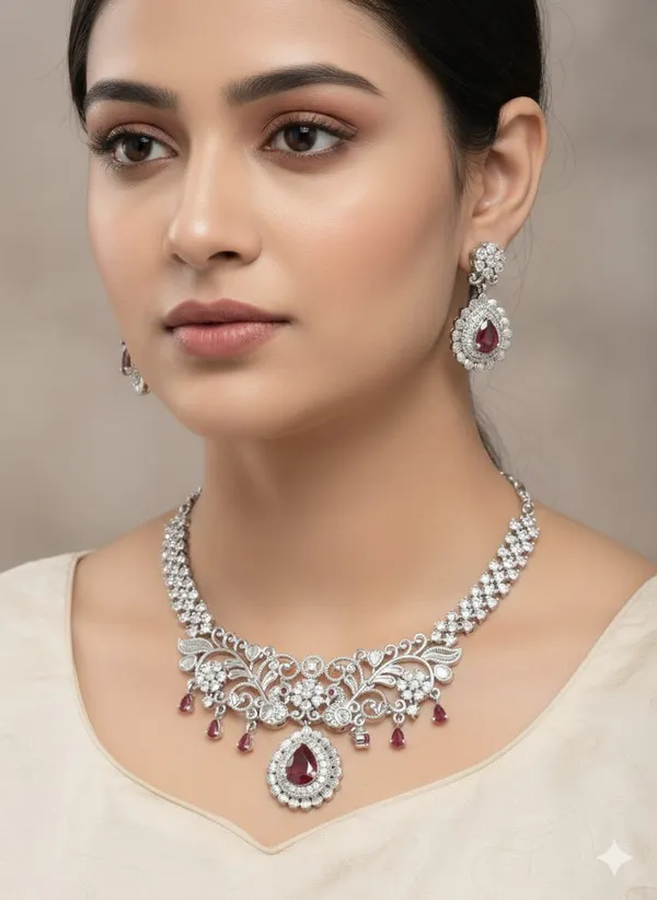 Ruby_Red_Floral_Filigree_American_Diamond_Necklace_Set