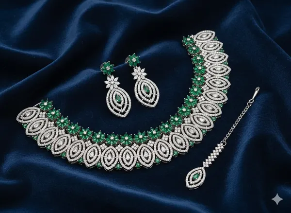 Silver_With_Emerald_Green_Stones_Brass_Choker_Set_For_Women