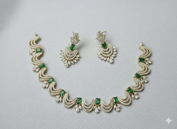 Silver_With_Emerald_Green_Stones_&_White_Ad_3_Brass_Necklace_Set_For_Women