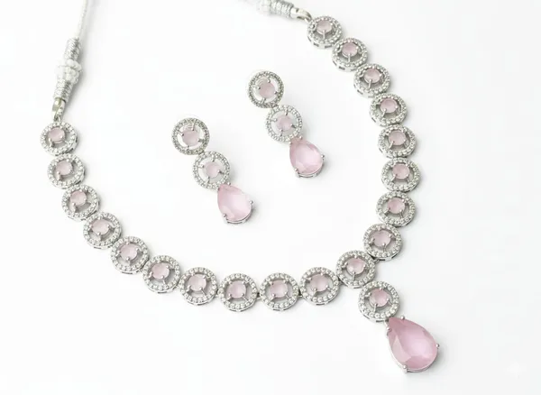 Silver_With_Soft_Pink_Quartz_Halo_Brass_Necklace_Set_For_Women