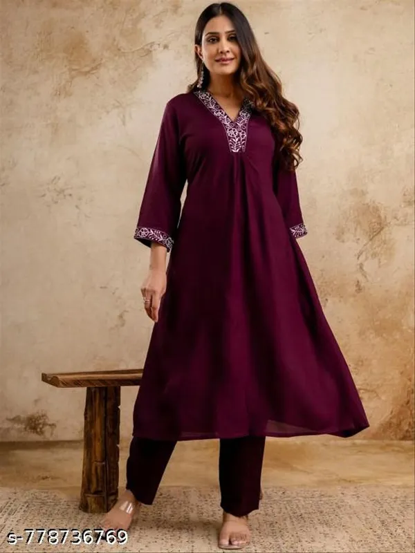 Wine_Rayon_Solid_Straight_Embroidered_Lace_Work_Women_Kurta_And_Bottom_Wear_Festive_Collection