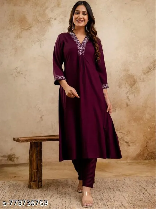 Wine_Rayon_Solid_Straight_Embroidered_Lace_Work_Women_Kurta_And_Bottom_Wear_Festive_Collection